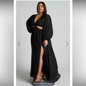 Showpo- PAIGE MAXI DRESS - SIDE CUT OUT BALLOON SLEEVE DRESS IN BLACK